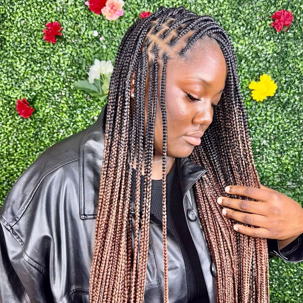 Medium knotless braids with ombre honey tips created in Austin, Texas